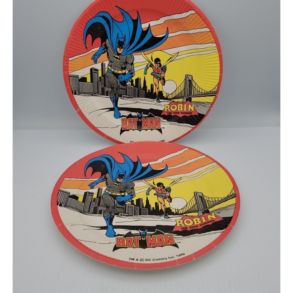 Vintage 1966 Batman and Robin Paper Plates Lot of 2 DC Comics Retro Party Supply